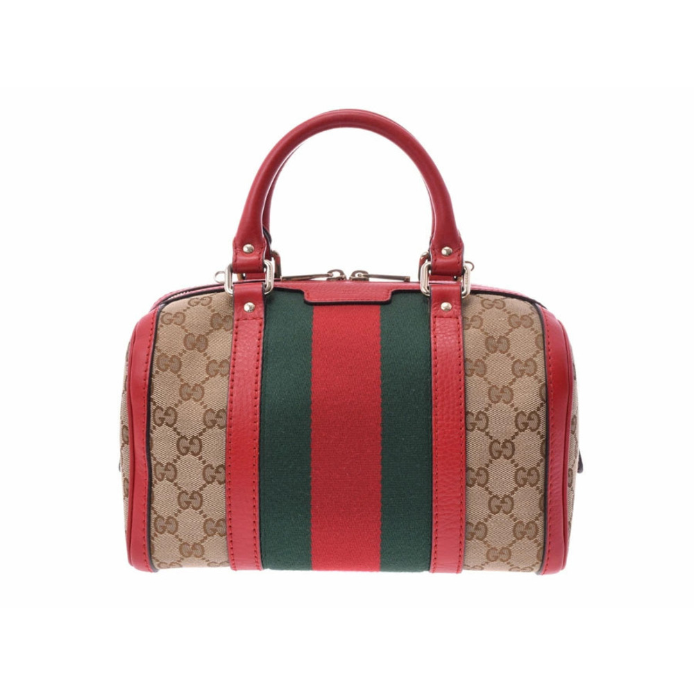 Gucci Web Boston Bag Canvas Leather Beige Red Strap